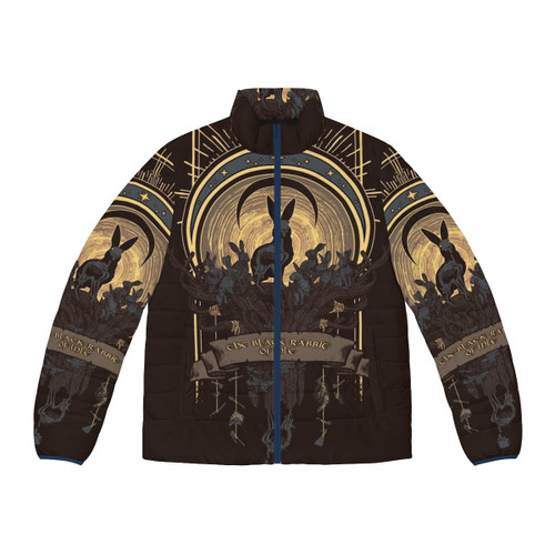 A black puffer jacket with a spooky "Black Rabbit of Inlé" design, inspired by the Watership Down novel and mythology.