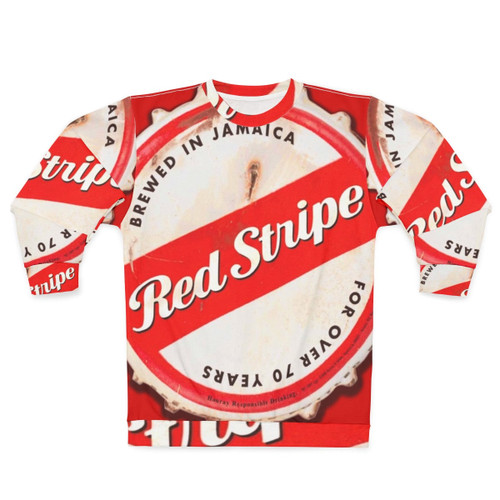 Red striped sweatshirt with bottle cap design inspired by Jamaica and reggae music