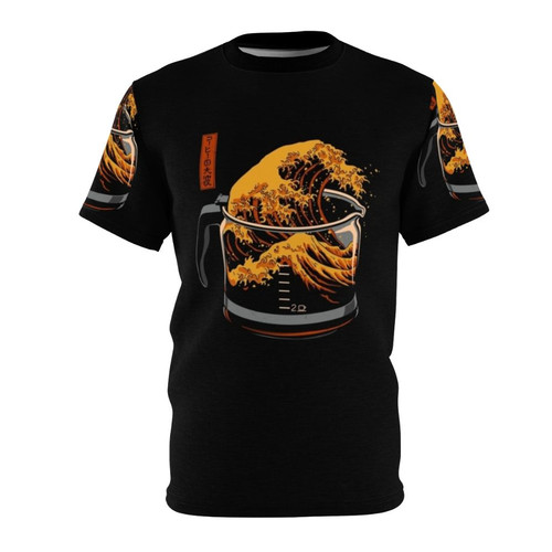 Stylish t-shirt featuring a coffee-themed interpretation of the iconic "The Great Wave off Kanagawa" artwork