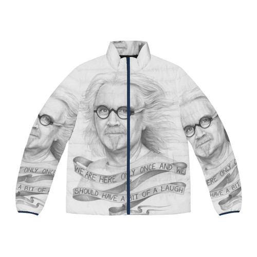 A warm and cozy puffer jacket featuring Scottish comedian Billy Connolly, the "Big Yin"