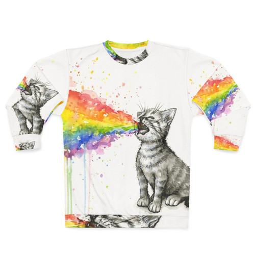 Vibrant kitten puking rainbow sweatshirt, colorful cat clothing