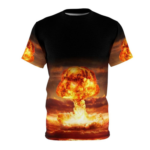 Skaryodrawn atomic bomb explosion graphic on a white t-shirt