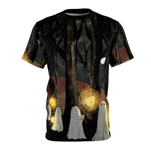 Ghostly t-shirt design featuring a haunted forest landscape with a glowing moon and lanterns
