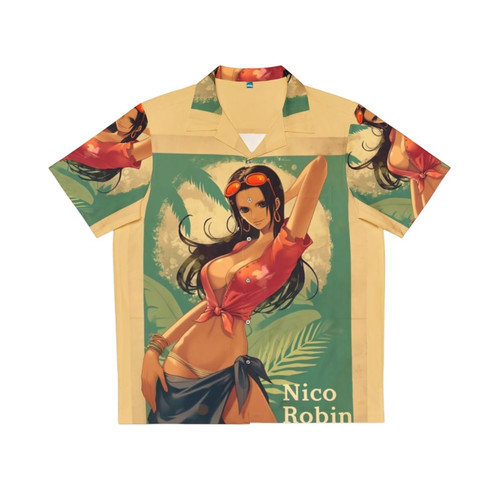 Vintage pinup-style Hawaiian shirt featuring a character from the anime series One Piece