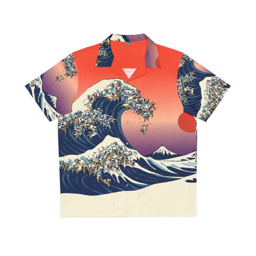 Pug wearing a Hawaiian shirt with a Japanese-inspired wave design