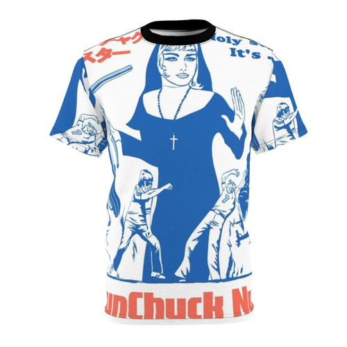 Nunchucks wielding nun graphic design on a t-shirt