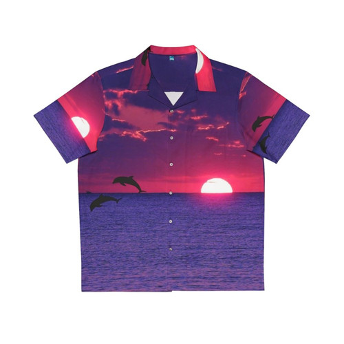 Tropical Hawaiian shirt with bright pink and purple sunset design
