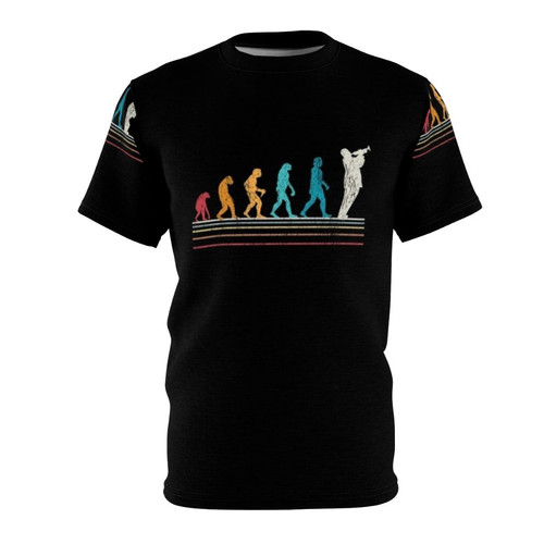 Retro vintage-style t-shirt with a graphic depicting the evolution of the trumpet, a brass musical instrument.