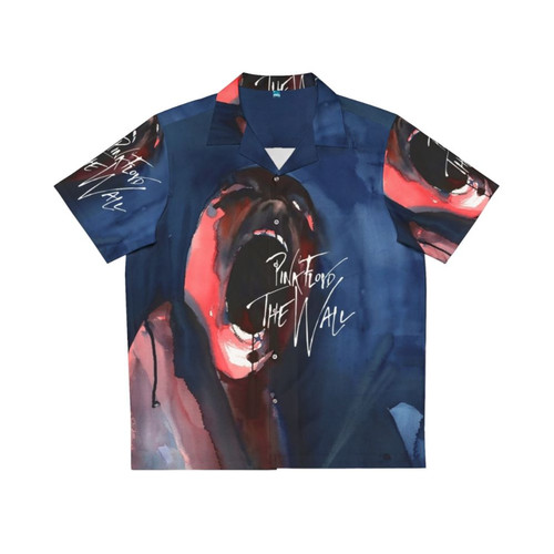 Psychedelic pink Hawaiian shirt with music and horror inspired graphics