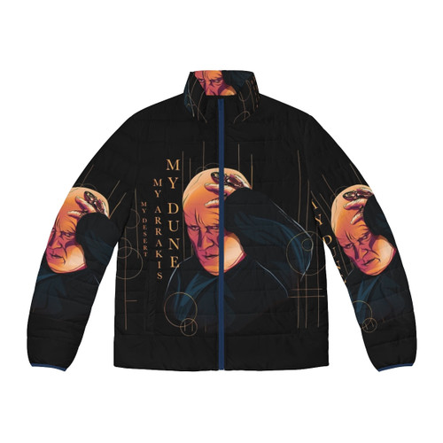 Dune Baron Harkonnen Puffer Jacket featuring shai hulud and desert planet Arrakis imagery