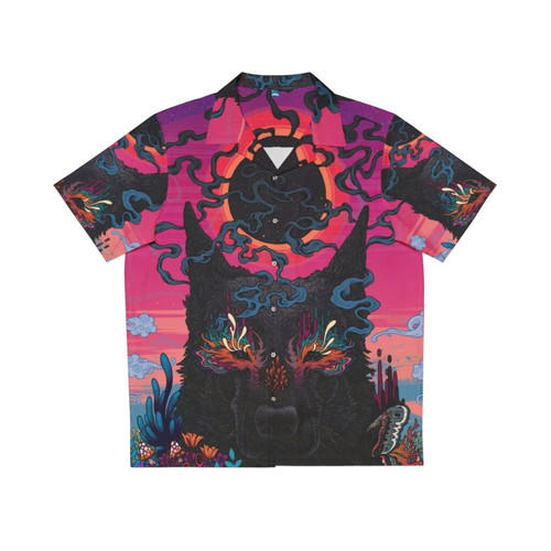 Psychedelic neon Hawaiian shirt with surreal floral and sunset animal print