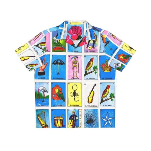 Colorful Mexican-inspired bingo and lottery design on a Hawaiian shirt