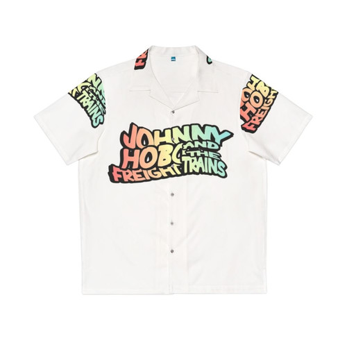 Colorful hawaiian shirt with psychedelic johnny hobo and freight trains design