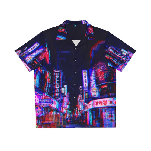 Psychedelic Cyberpunk Hawaiian Shirt with Neon Lights and Urban Landscape