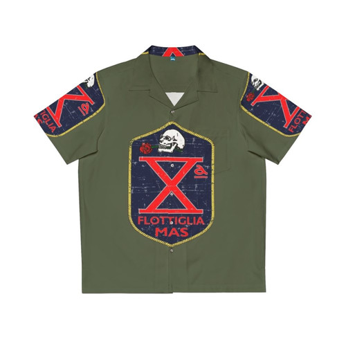 Grunge Style Hawaiian Shirt with Decima Flottiglia Mas Italian Military Motifs