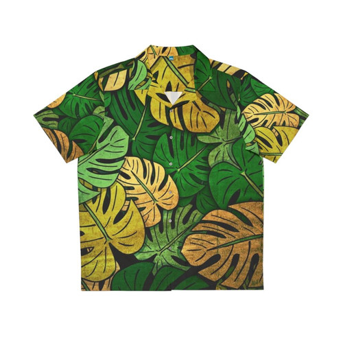 Grunge monstera leaves Hawaiian shirt with tropical botanical print