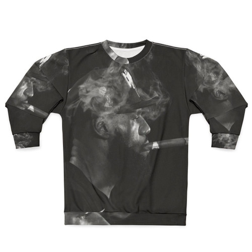 Cigar smoking music artist basketball player black and white sweatshirt