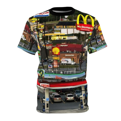 Vintage-style t-shirt featuring a retro truckstop scene from Breezewood, Pennsylvania