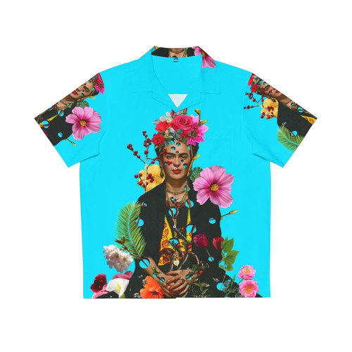 Frida Kahlo inspired Hawaiian shirt featuring collage elements and feminist themes