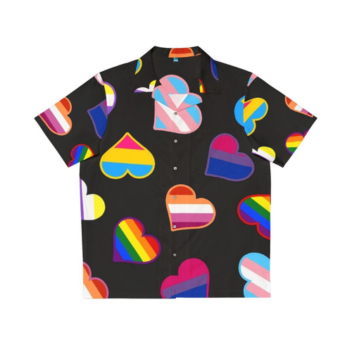 Colorful Hawaiian shirt with pride flag and heart design