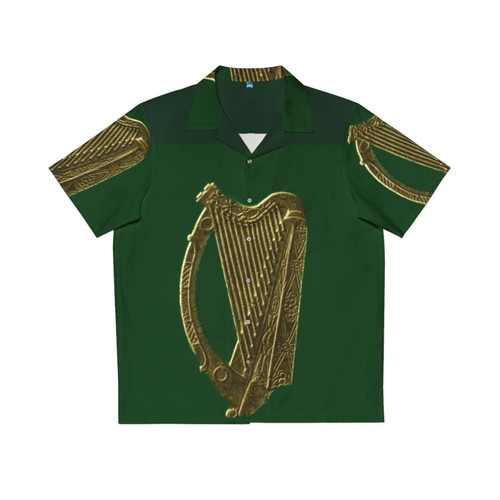 Green and gold Irish Celtic harp Hawaiian shirt