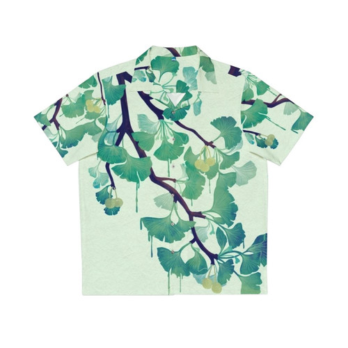 Model wearing a green hawaiian shirt with ginkgo leaf pattern