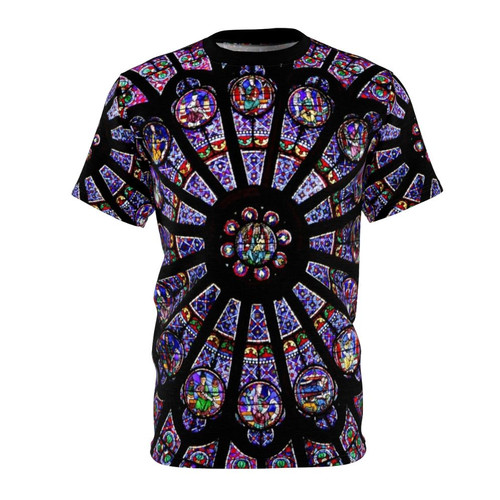 Photo of a t-shirt featuring the stunning stained glass rose window from the interior of Notre Dame Cathedral in Paris, France.