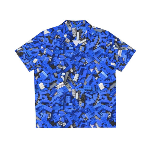 Vibrant blue Hawaiian shirt with a repeating lego-style brick pattern