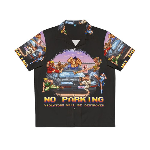 Retro gamer Hawaiian shirt with pixelated "No Parking Violators Will Be Destroyed" design