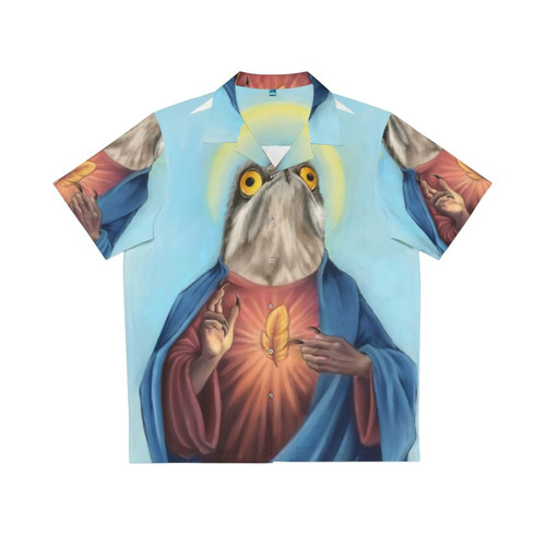A Hawaiian shirt with a print of a potoo bird, a religious and cryptid-inspired design