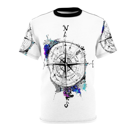 Illustration of a compass rose with the text "Not All Those Who Wander Are Lost" on a t-shirt