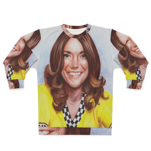 Karen Carpenter, the Carpenters musician, wearing a retro yellow sweatshirt