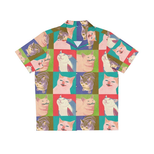 Four iconic meme cats on a colorful Hawaiian shirt