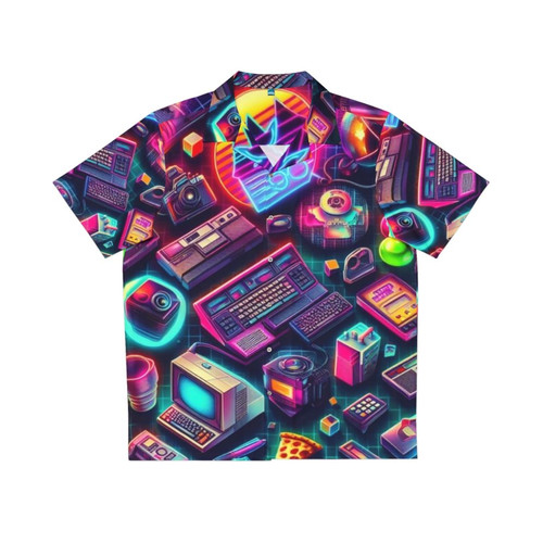 Retro colorful tech Hawaiian shirt with vibrant 80s computer graphics pattern
