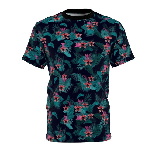 A tropical-themed t-shirt design featuring the demogorgon from Stranger Things in a floral, upside-down pattern.