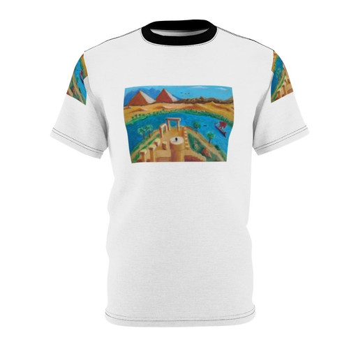 Assassins Creed Origins inspired t-shirt featuring an oil pastel landscape painting of ancient Egyptian ruins and pyramids.
