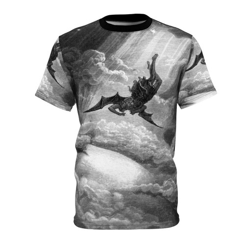 A black and white t-shirt design inspired by the wood engraving of the fallen angel Lucifer from Paradise Lost by John Milton.