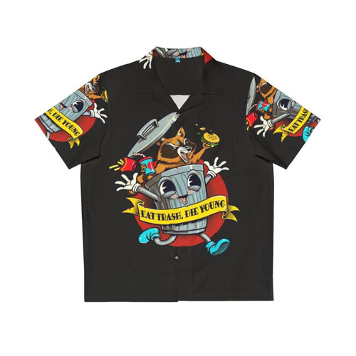 Vintage Hawaiian shirt design with cartoon raccoon and "Eat Trash Die Young" text