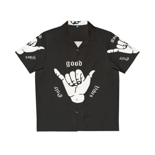 Colorful Hawaiian shirt with tropical floral print and "Good Vibes Only" text