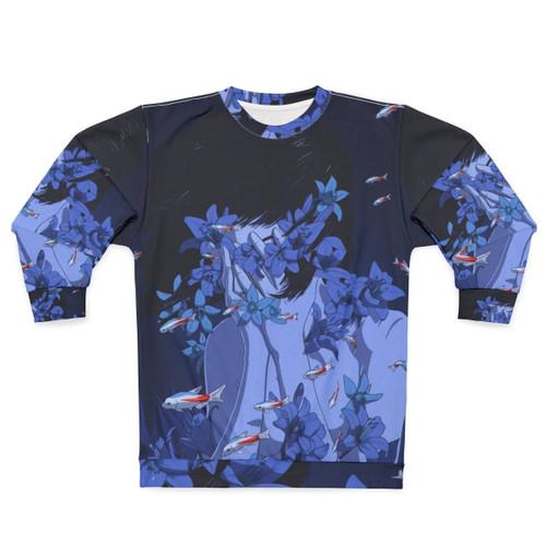 Blue sweatshirt with anime-style cartoon design featuring fish and flowers in a water-themed pattern