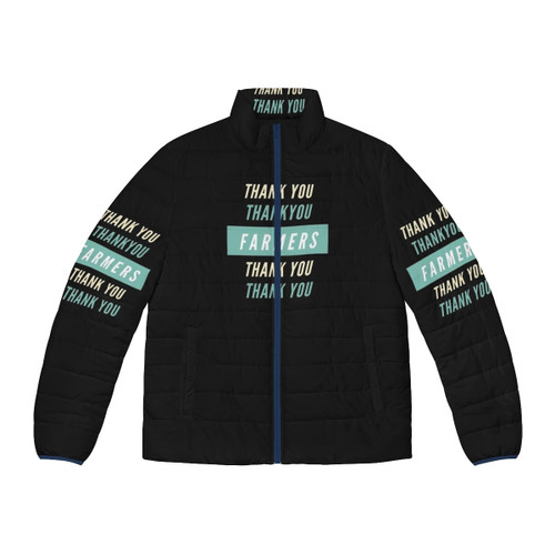 Puffer jacket with "Thank You Farmers" design, celebrating agricultural workers