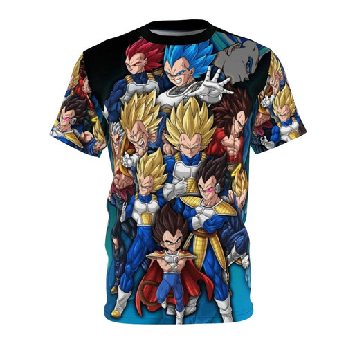 Illustration of Dragon Ball character Vegeta in an anime-inspired art style on a t-shirt