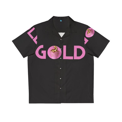 Gold and pink Hawaiian shirt with colorful tropical pattern