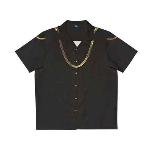 Stylish gold chain detail on a vibrant Hawaiian shirt