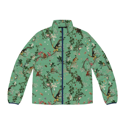 Monkey World Green Puffer Jacket with Tropical Botanical Pattern