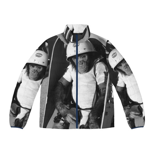 Puffer jacket featuring an illustration of the chimpanzee astronaut Ham the Chimp in a NASA space suit