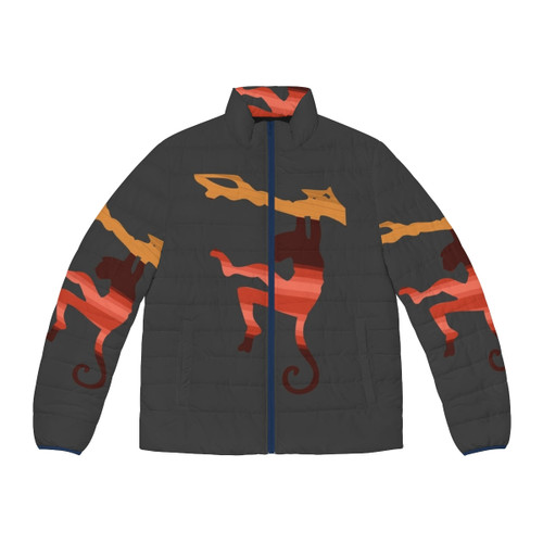 Colorful puffer jacket with monkey and legendary animal design