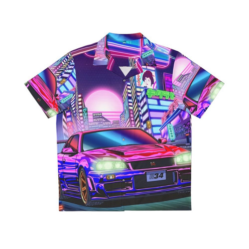 Vaporwave-inspired Hawaiian shirt with Nissan Skyline GTR R34 design