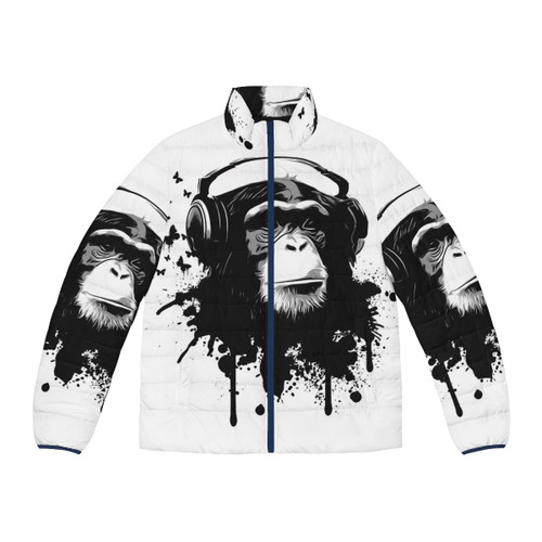 Monkey Business Puffer Jacket with animal print, graffiti, and music-themed design