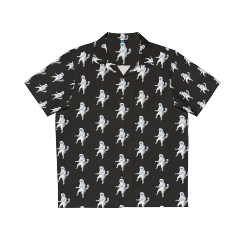 A white Persian cat wearing a Hawaiian shirt with a "Room Guardian" meme design